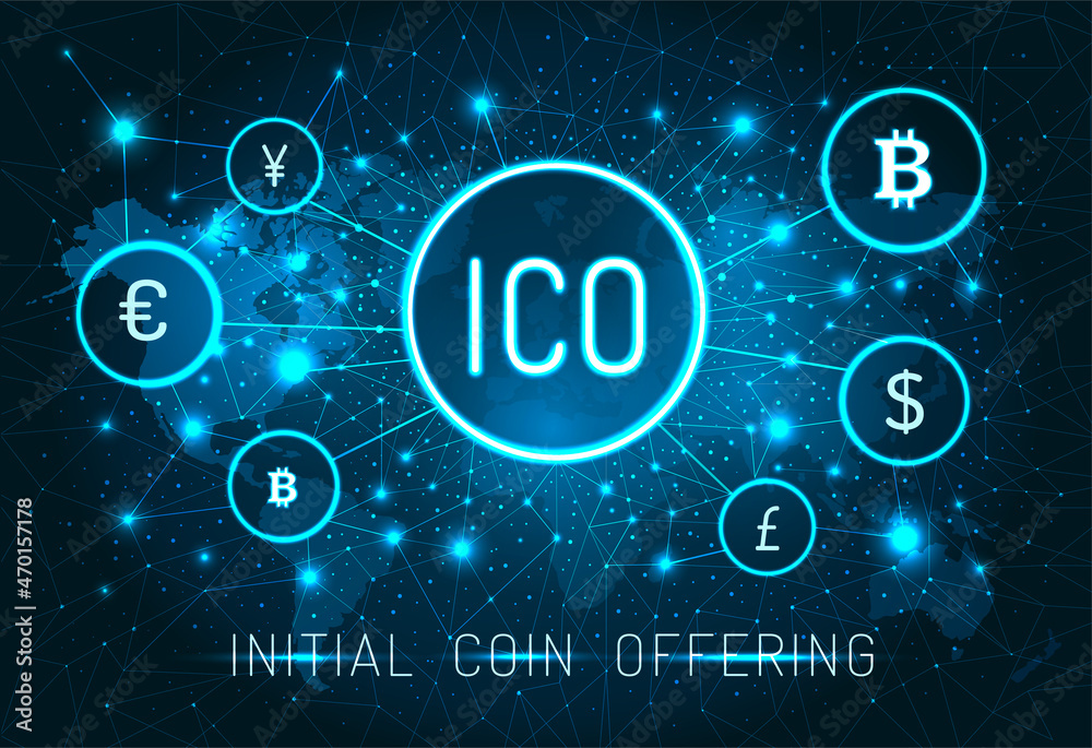 Initial ICO coin offering promo poster with world map. Digital money system banner. ICO promotion with coins signs on cosmic poster vector illustration. Initial ICO coin offering promo poster with world map. Digital money system banner. ICO promotion with coins signs on cosmic poster vector illustration.