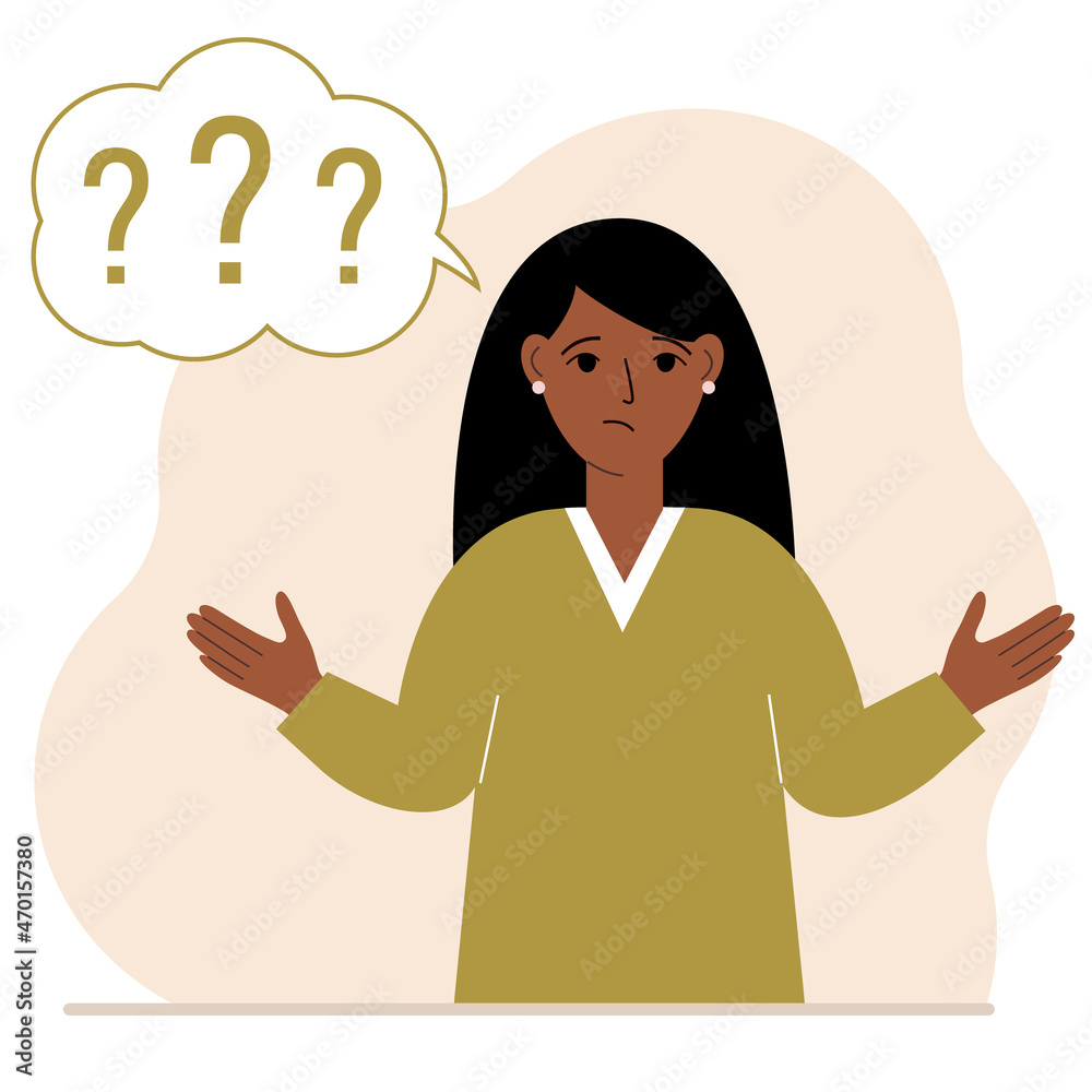 Illustration of a woman who is confused, questioning. Want to find answers. People around the question mark. Woman expressions are in a daze and need help. Illustration of a woman who is confused, questioning. Want to find answers. People around the question mark. Woman expressions are in a daze and need help.