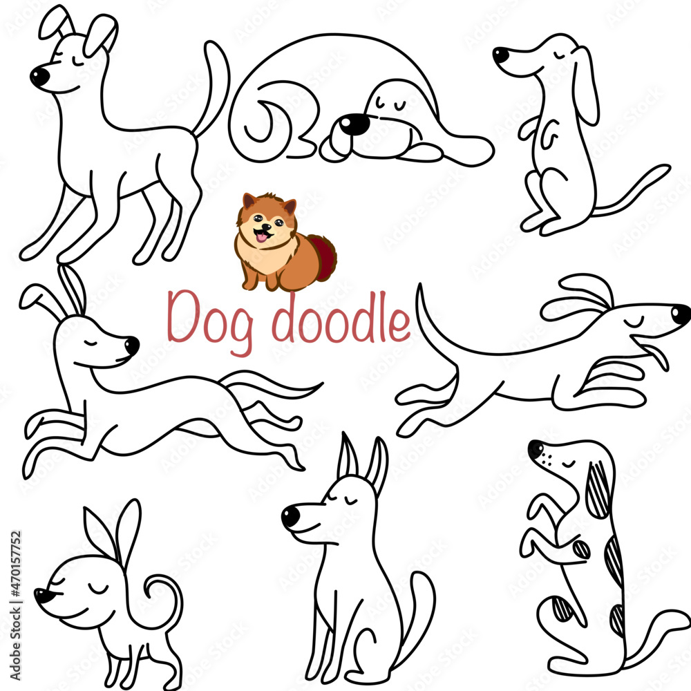 Doodle Cartoon dog illustration set in different poses. Cute sitting ...