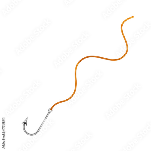 Bright glossy silver metal fishing hook on a rope on white