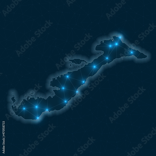 Amorgos network map. Abstract geometric map of the island. Digital connections and telecommunication design. Glowing internet network. Captivating vector illustration.