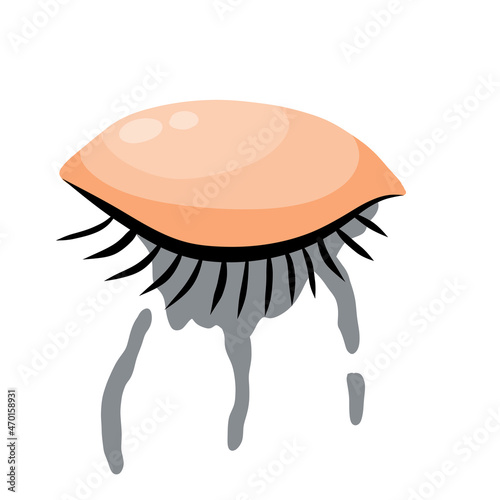 Crying eye. Smeared mascara. Black ink cosmetics on face. Closed eyelid with eyelashes. Stress and frustration. Flat cartoon