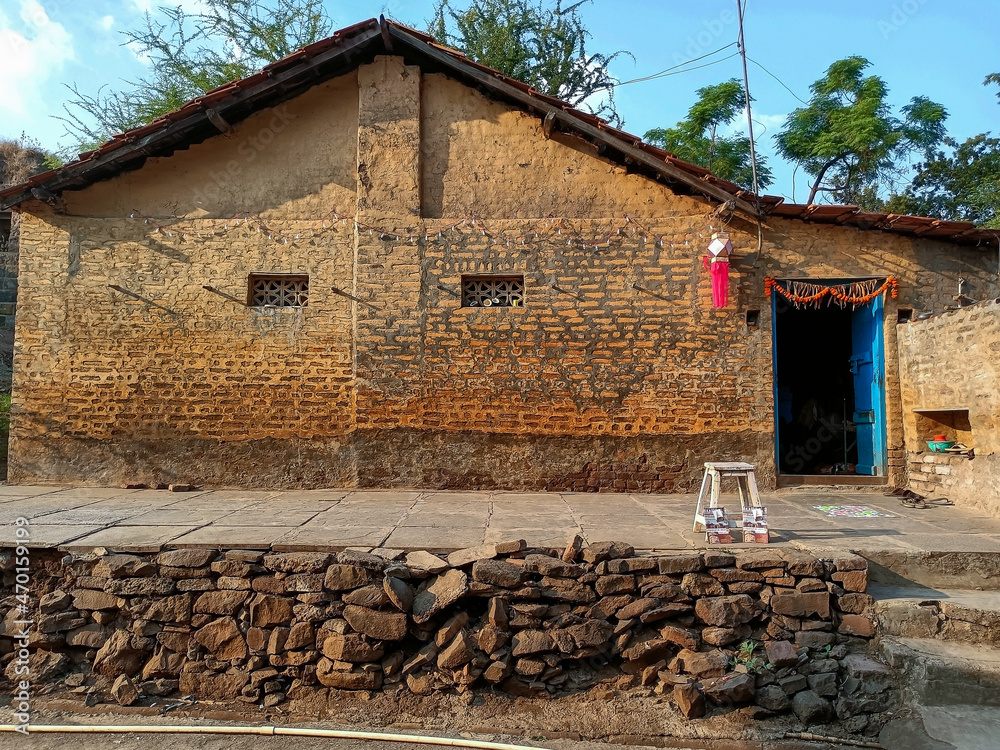 Stock photo of beautiful traditional Indian village house, red brick