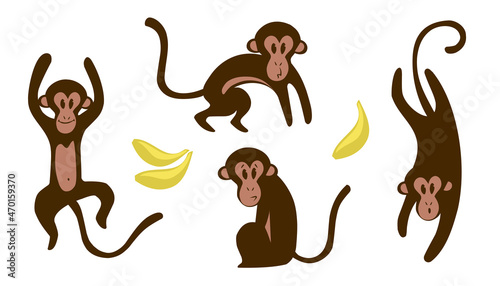 monkeys set character cartoon hand drawn style vector clipart illustration