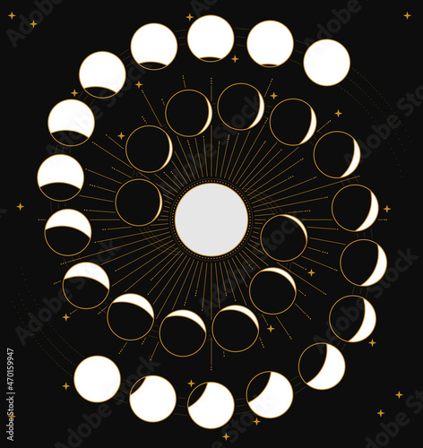 Moon Phases Spiral with stars. Vector illustration