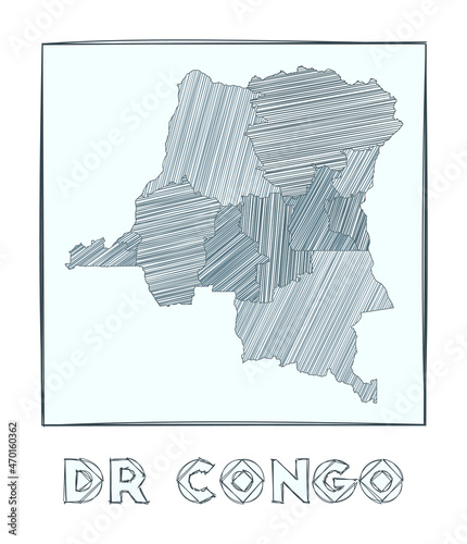 Sketch map of DR Congo. Grayscale hand drawn map of the country. Filled regions with hachure stripes. Vector illustration. photo