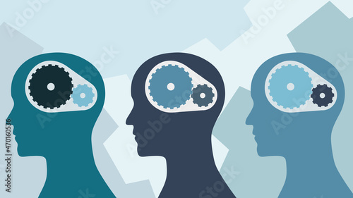 Think Tank or Brainstorming. Flat illustration profile of human heads with gears inside of them. photo