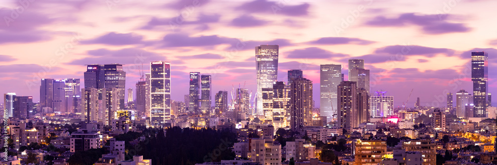 Fototapeta premium Tel Aviv Skyline At Sunset, Tel Aviv Cityscape Large Panorama At Sunset Time, Israel
