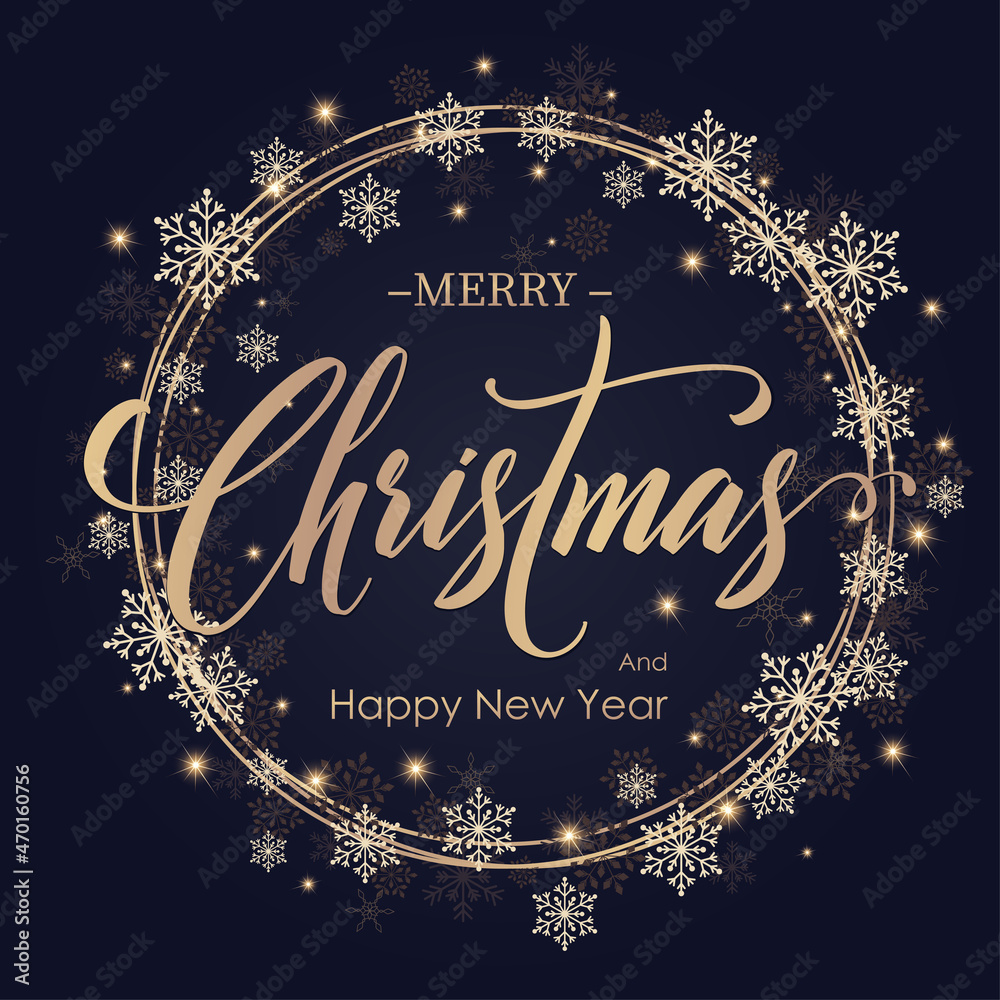 Merry Christmas and Happy New Year Promotion Poster or banner with snowflakes and glare for Retail,Shopping or Christmas Promotion in dark navy blue and gold style.