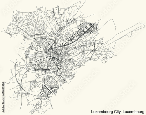 Detailed navigation urban street roads map on vintage beige background of the Luxembourgish capital city of Luxembourg City, Luxembourg