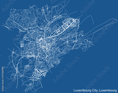 Detailed technical drawing navigation urban street roads map on blue background of Luxembourgish capital city of Luxembourg City, Luxembourg