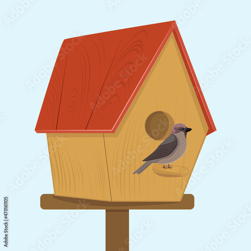 Wooden birdhouse with bird. Vector illustration