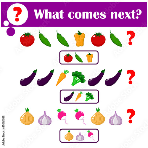 Kids activity sheet, training logic, continue the row task with vegetables