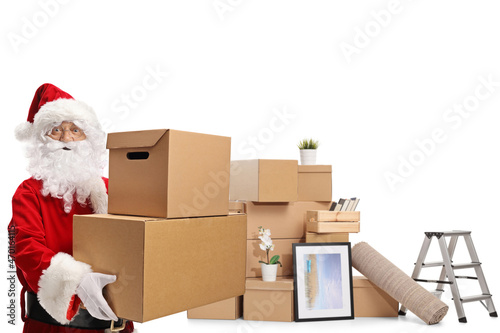 Santa claus with cardboard boxes packing for removal