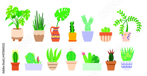 Vector illustration of potted flowers isolated on a white background. Icons and silhouettes of colors. Tropical plants, monstera, cactus, cacti, bush, aloe, succulent. Potted house plants