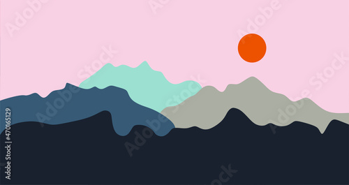 Vector illustration of the desert. Sandy desert. Silhouette icon logo icon of hills, dunes. Mexico, Africa, Arizona. Exotic cacti in the desert. Sand. The sun is over the sands. Sunset. Sunrise