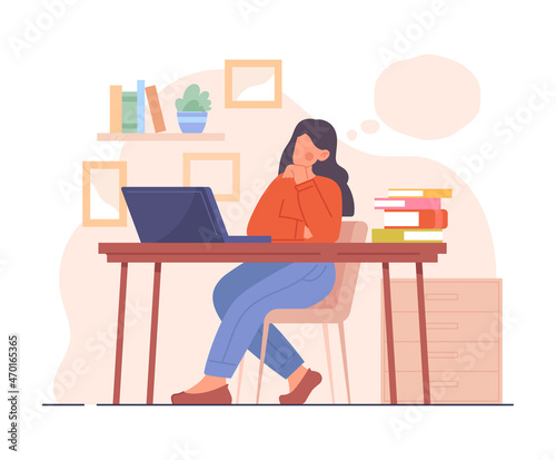 Dreaming human concept. Young woman sits at her desk and thinks about her desires and possibilities. Employee was distracted from work. Smiling resting character. Cartoon flat vector illustration