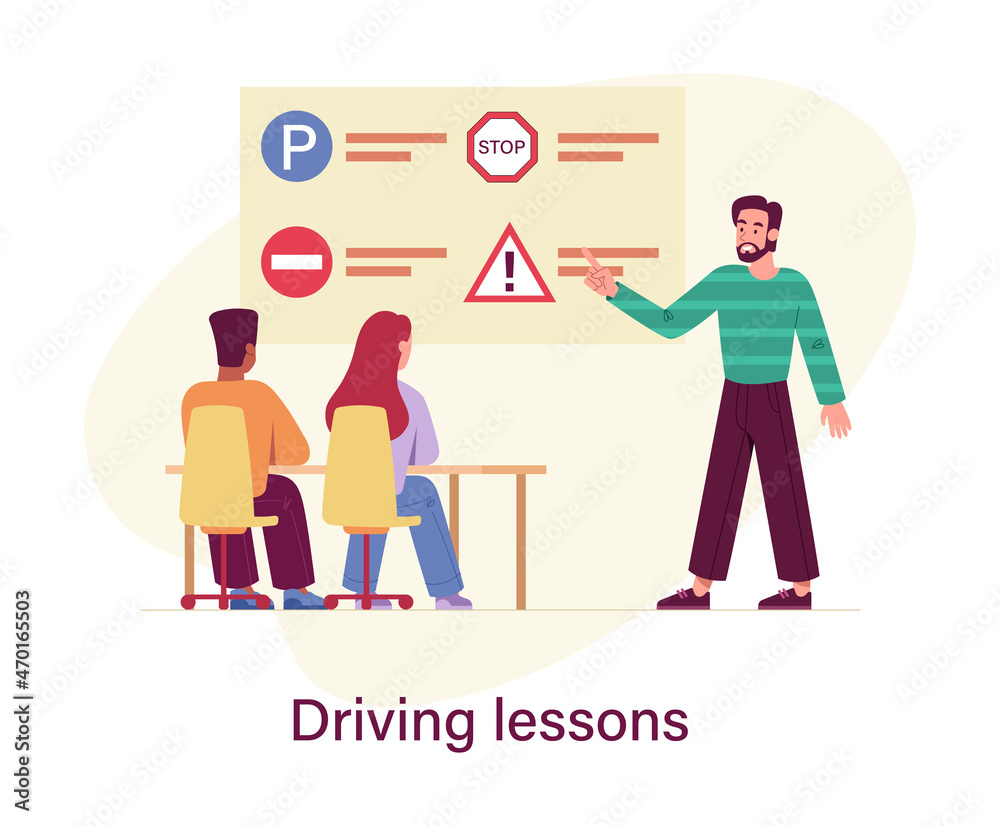 Driving lessons concept. Male instructor explains laws and rules of road to students. Man and woman study at driving school. Signs and signals. Vehicle or car. Cartoon flat vector illustration