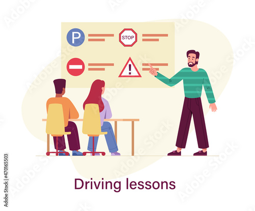 Driving lessons concept. Male instructor explains laws and rules of road to students. Man and woman study at driving school. Signs and signals. Vehicle or car. Cartoon flat vector illustration