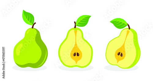 Pear on a white background. Vector illustration of summer fruits and berries. Autumn harvest. Pictograms, silhouettes, icons of pears, fruits. Pear is a fruit. Ripe pear in parts. Pear slices. Line