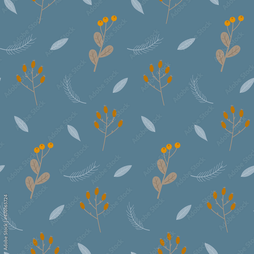 Seamless winter pattern. Branches with berries, fir branches and leaves on blue background. Color vector illustration for background, wrapping paper, textiles.