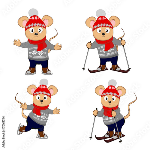 A set of cute mouse skiing and skating in different poses