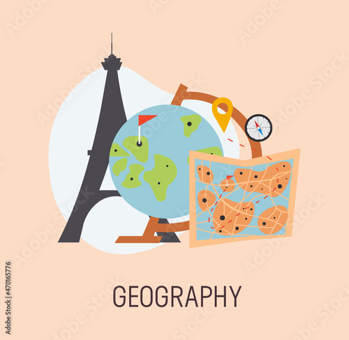 School education icon. Colorful sticker with planet, map, compass and landmark. Minimalistic attributes for geography lesson. Design element for social networks. Cartoon flat vector illustration