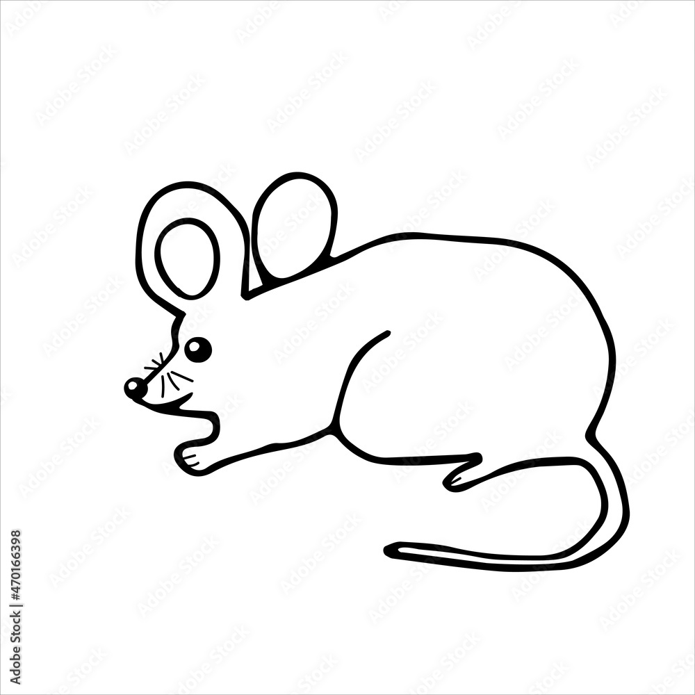 Naklejka premium Hand drawn black vector illustration of a beautiful adult young mouse with a long tail isolated on a white background