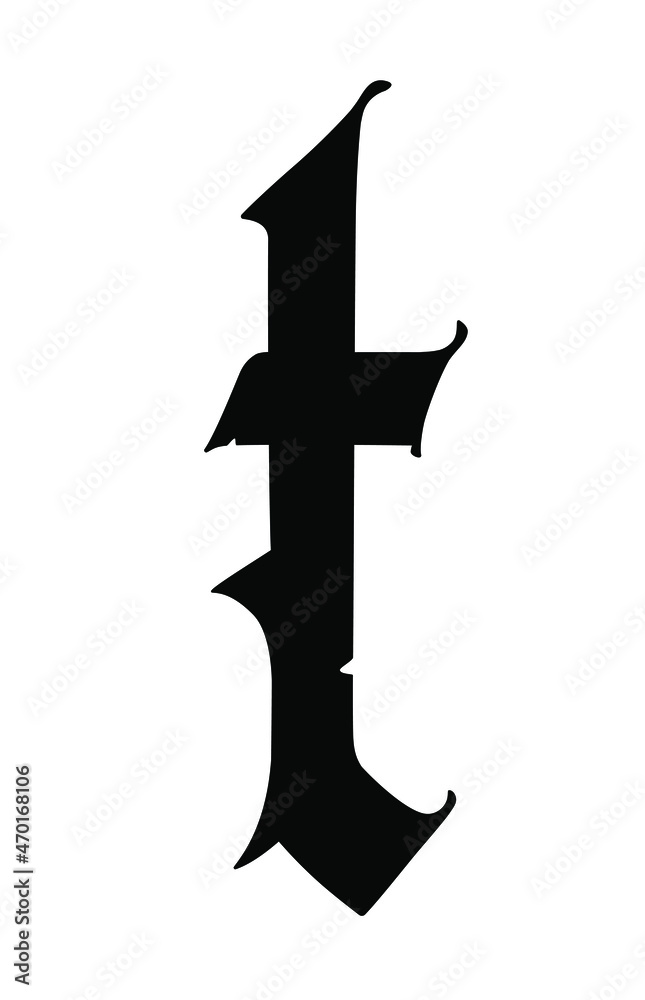 Letter t in the Gothic style. Vector. Alphabet. The symbol is isolated on a white background. Calligraphy and lettering. Medieval Latin letter. Logo for the company. Monogram. Elegant font for a tatto Letter t in the Gothic style. Vector. Alphabet. The symbol is isolated on a white background. Calligraphy and lettering. Medieval Latin letter. Logo for the company. Monogram. Elegant font for a tatto