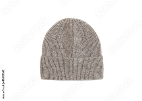 Brown knitted winter hat isolated on white background. Warm Woolen hat. Close shot of cold weather winter handmade knitting clothes.