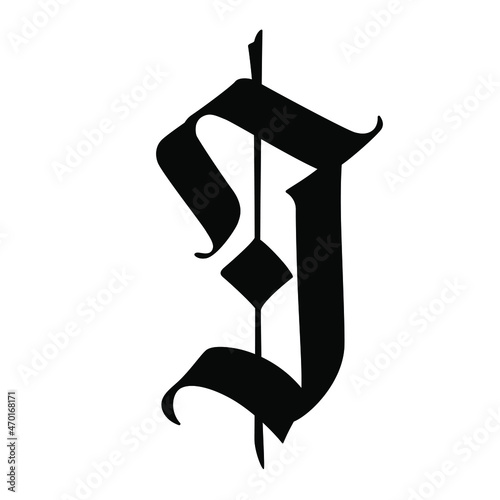 Letter J in the Gothic style. Vector. Alphabet. The symbol is isolated on a white background. Calligraphy and lettering. Medieval Latin letter. Logo for the company. Monogram. Elegant font for a tatto