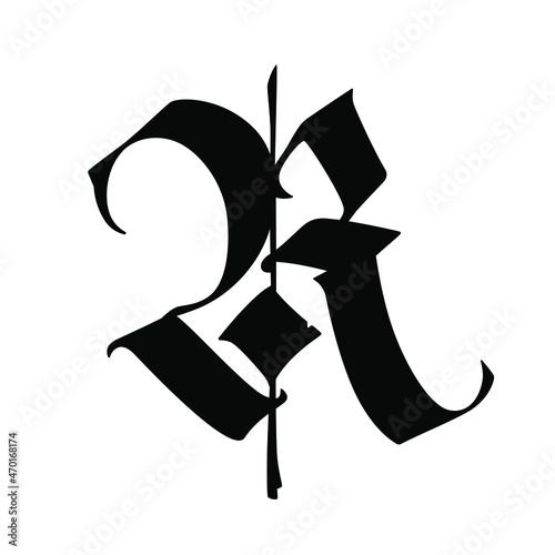 Letter R in the Gothic style. Vector. Alphabet. The symbol is isolated on a white background. Calligraphy and lettering. Medieval Latin letter. Logo for the company. Monogram. Elegant font for a tatto