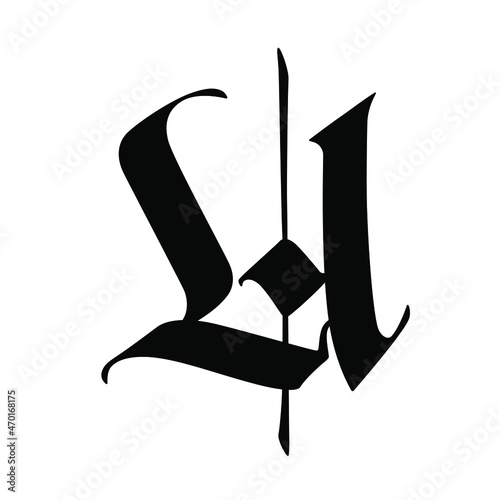 Letter u in the Gothic style. Vector. Alphabet. The symbol is isolated on a white background. Calligraphy and lettering. Medieval Latin letter. Logo for the company. Monogram. Elegant font for a tatto