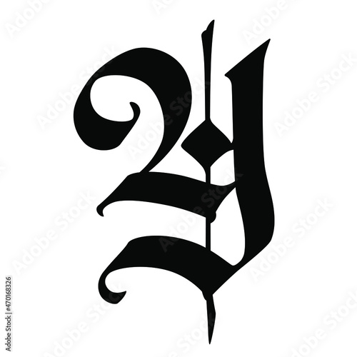 Letter y in the Gothic style. Vector. Alphabet. The symbol is isolated on a white background. Calligraphy and lettering. Medieval Latin letter. Logo for the company. Monogram. Elegant font for a tatto