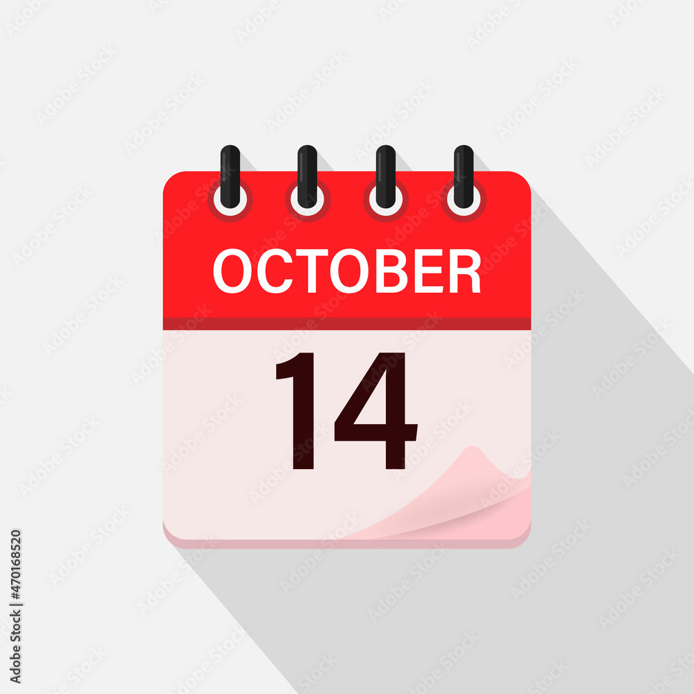 October 14, Calendar icon with shadow. Day, month. Flat vector illustration. October 14, Calendar icon with shadow. Day, month. Flat vector illustration.