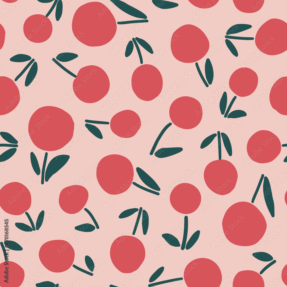 Abstract cherry seamless repeat pattern. Random placed, vector fruits all over surface print on beige background. Abstract cherry seamless repeat pattern. Random placed, vector fruits all over surface print on beige background.