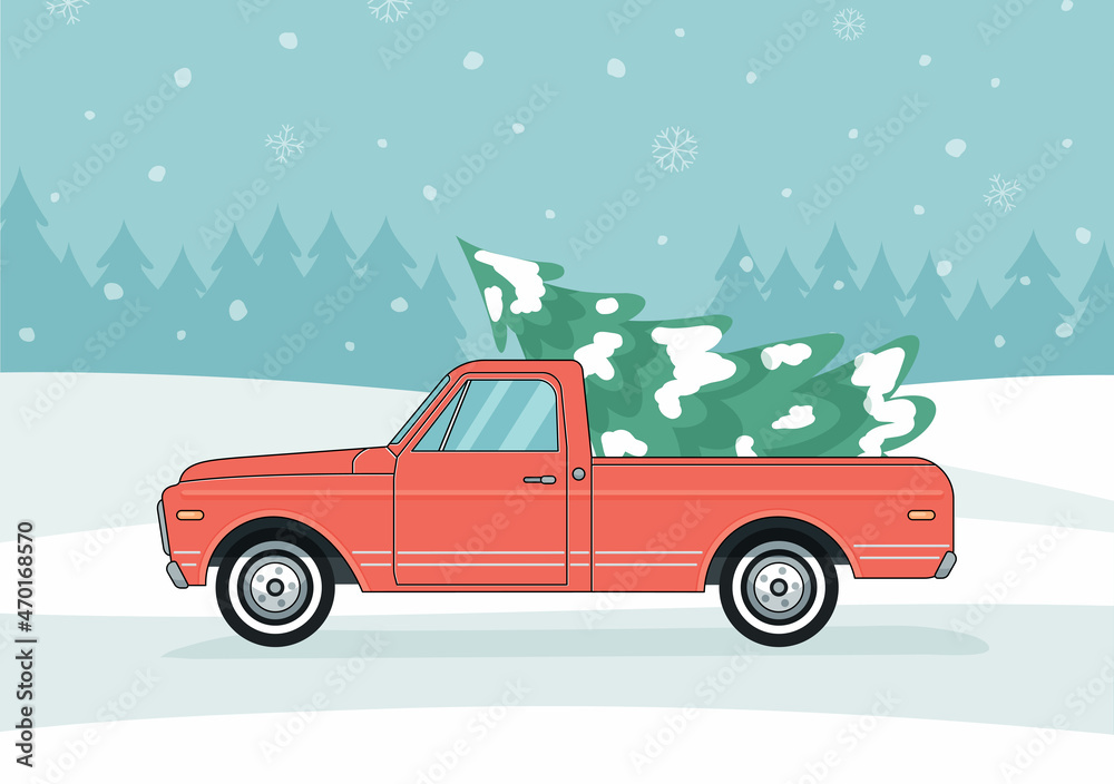 Red old pickup truck with christmas tree. Vector flat retro illustration