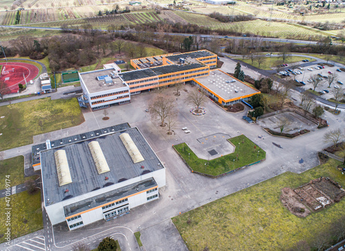Mittelrhein Gymnasium Muehlheim Kaerlich School federal aerial panoramic view near koblenz city in Germany