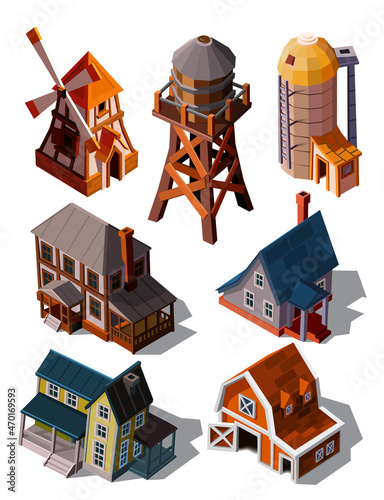 Collection of special farm buildings, houses in european style for cartoon 3d game graphics. Set with game environment elements isolated on white background