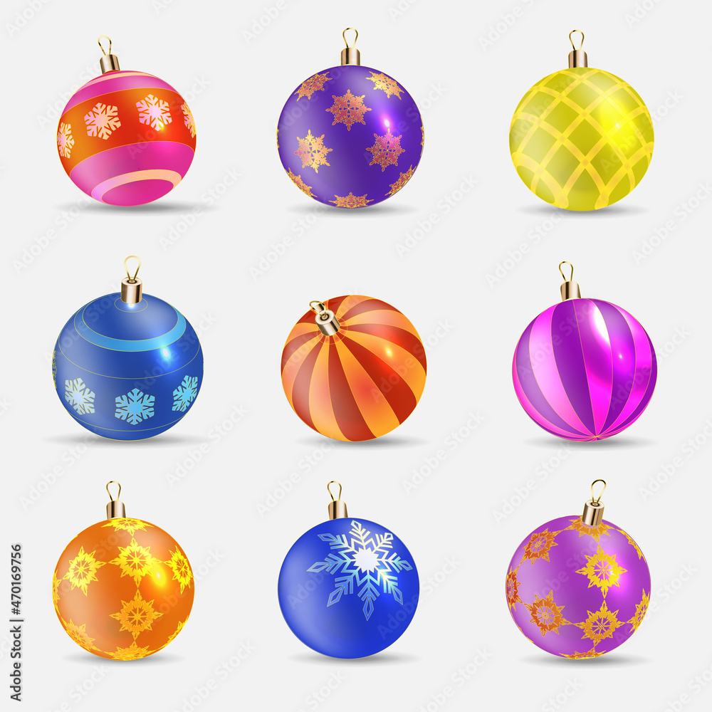 Collection with beautiful shining realistic Christmas ball with patterns, snowflakes effect. Xmas glass ball. Holiday decoration template. Set with new year toys. Vector illustration Collection with beautiful shining realistic Christmas ball with patterns, snowflakes effect. Xmas glass ball. Holiday decoration template. Set with new year toys. Vector illustration