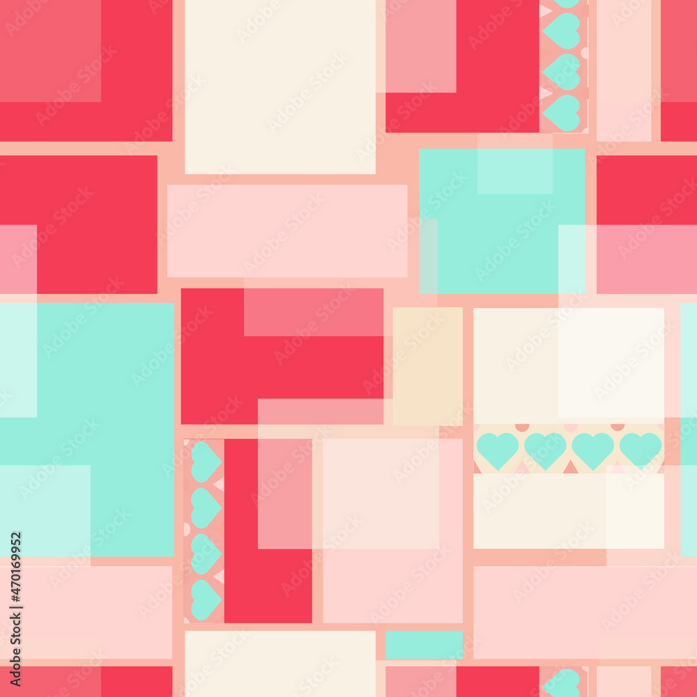 Seamless red and beige squared vector pattern on green endless background. Pink stripes with green hearts. Patchwork textile design with pastel color boxes. Seamless red and beige squared vector pattern on green endless background. Pink stripes with green hearts. Patchwork textile design with pastel color boxes.