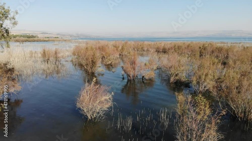 The west coast Sea of Galilee, also called Lake Tiberias, Kinneret or Kinnereth, is a freshwater lake in Israel
