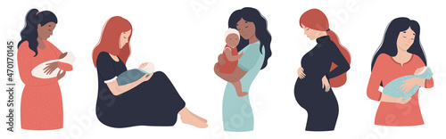 Mothers with kids in different poses. Mom and newborn in her arms. Beautiful healthy pregnant woman. Vector illustration in a flat style