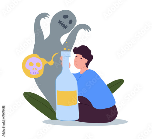 Bad habits concept. Young man sitting next to large bottle and drinking alcohol. Character pollutes his body with toxins. Blow to health. Dangerous addiction. Cartoon flat vector illustration