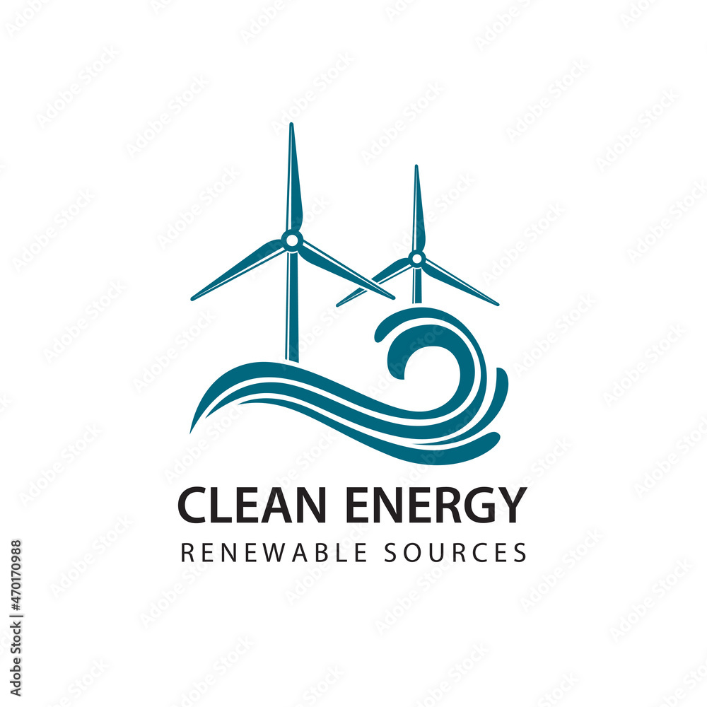 renewable energy icon with wind turbines and sea waves isolated on white background renewable energy icon with wind turbines and sea waves isolated on white background