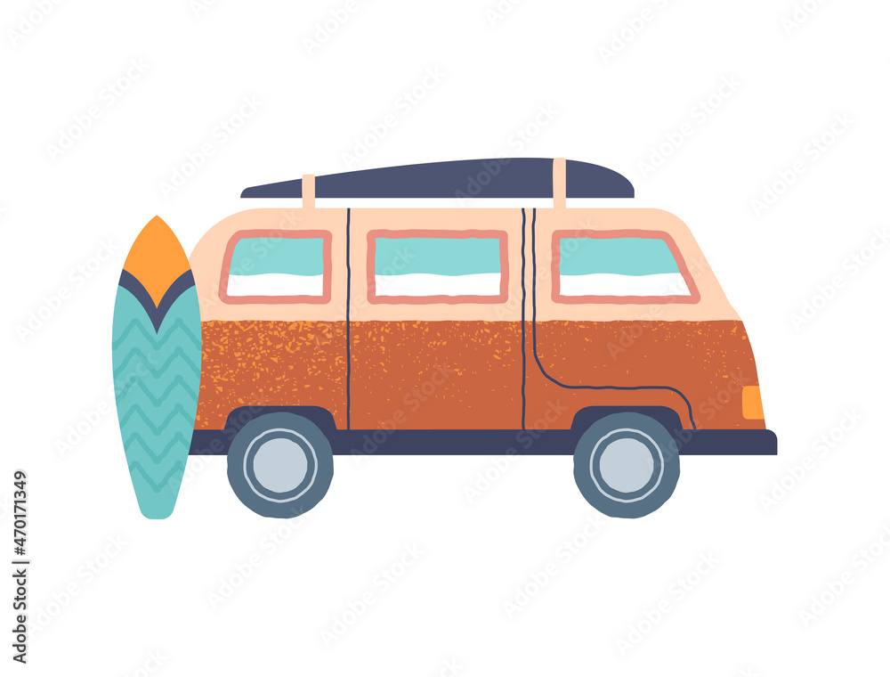 Camping trailer sticker. Icon with mobile home for relaxing on beach and surfing. Hiking and traveling. Design element for social network. Cartoon flat vector illustration isolated on white background