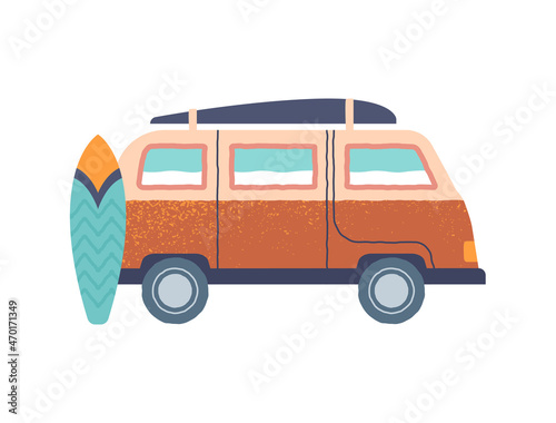 Camping trailer sticker. Icon with mobile home for relaxing on beach and surfing. Hiking and traveling. Design element for social network. Cartoon flat vector illustration isolated on white background