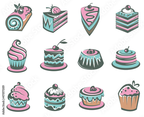 collection of labels with cupcakes for bakery shop isolated on white background