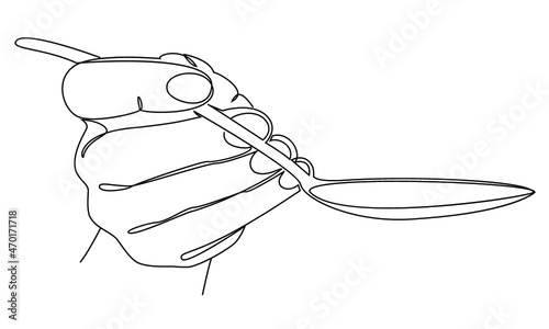 Silhouettes of a man's hand holding a spoon in a modern one line style. Continuous line drawing, aesthetic outline for home decor, posters, wall art, stickers, logo. Vector illustration.