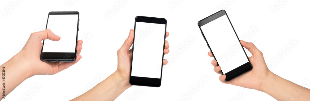 Set female hand is holding a smartphone with a white blank display. White display on smartphone for advertising Set female hand is holding a smartphone with a white blank display. White display on smartphone for advertising